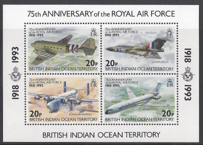 1993 British Indian Ocean Territory - MS.140 75th Anniversary of Royal Airforce. mini sheet u/m (MNH) 1993 British Indian Ocean Territory - MS.140 75th Anniversary of Royal Airforce. mini sheet u/m (MNH)