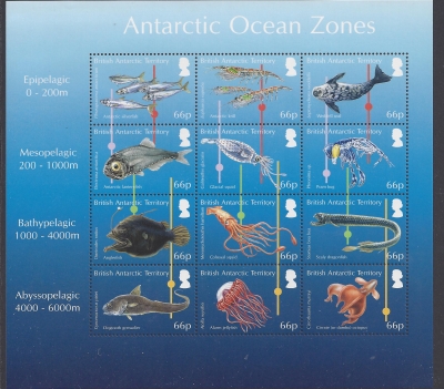 2016 British Antarctic. SG.699-710 (699a)  Ocean Zones. Sheetlet of  12 values  1 only U/M (MNH) 2016 British Antarctic. SG.699-710 (699a)  Ocean Zones. Sheetlet of  12 values  1 only U/M (MNH)