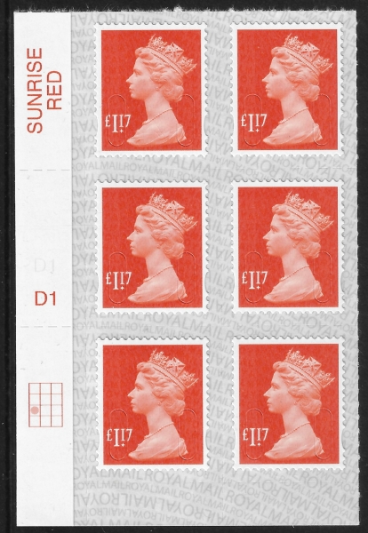 U2937 £1.17 orange-red M17L cyld. D1 grid position R3 C1 SBP 'faint' s/L DLR U/M (MNH) U2937 £1.17 orange-red M17L cyld. D1 grid position R3 C1 SBP 'faint' s/L DLR U/M (MNH)