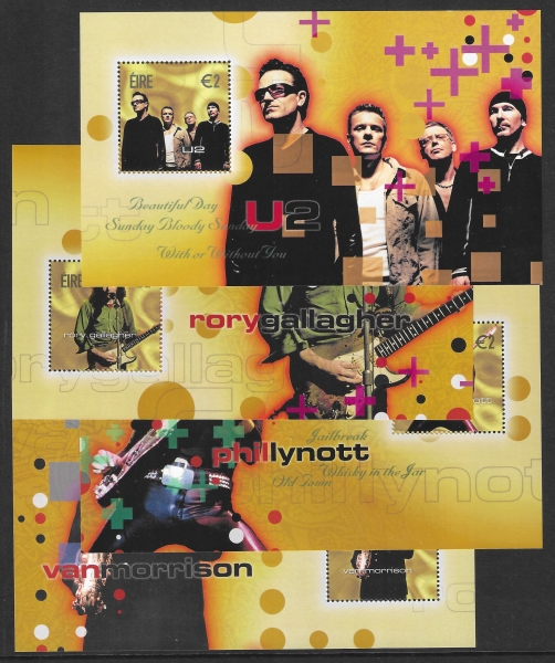 2002  Ireland  MS.1559  Irish Rock Legends. mini sheets set 4 U/M (MNH) 2002  Ireland  MS.1559  Irish Rock Legends. mini sheets set 4 U/M (MNH)