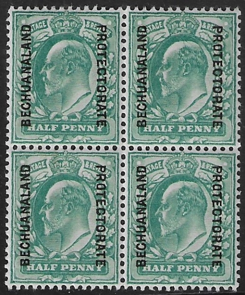 SG.66 Bechuanaland Protectorate ½d blue green (block of 4). U/M (MNH). SG.66 Bechuanaland Protectorate ½d blue green (block of 4). U/M (MNH).