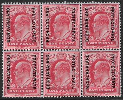 SG.68 Bechuanaland Protectorate 1d scarlet (block of 6). all M/M.(cat. £60) SG.68 Bechuanaland Protectorate 1d scarlet (block of 6). all M/M.(cat. £60)