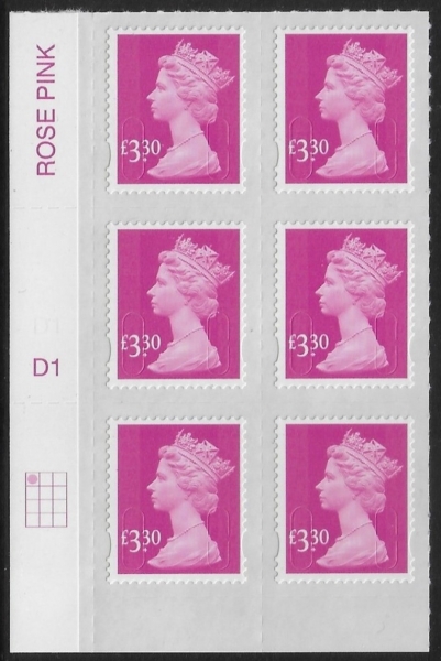 U2969 £3.30 bright magenta 2B M15L Cyld. D1 grid position R1 C1 plain DLR U/M (MNH) U2969 £3.30 bright magenta 2B M15L Cyld. D1 grid position R1 C1 plain DLR U/M (MNH)