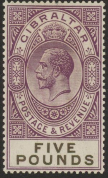 1925 Gibraltar. SG.108 £5 violet & black. - superb U/M (MNH) with Certificate. 1925 Gibraltar. SG.108 £5 violet & black. - superb U/M (MNH) with Certificate.