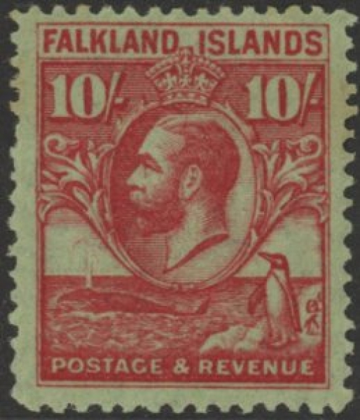 1929 Falkland Islands - SG.125 10/- carmine/emerald mounted mint 1929 Falkland Islands - SG.125 10/- carmine/emerald mounted mint
