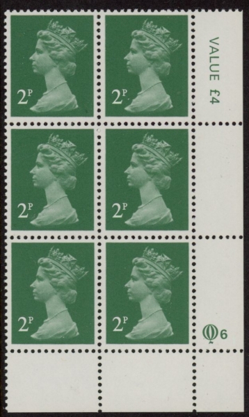 X1000 (UG4) Questa 2p TI Perf 14 emerald green. FCP Cyld. Q6 row 20 U/M (MNH) X1000 (UG4) Questa 2p TI Perf 14 emerald green. FCP Cyld. Q6 row 20 U/M (MNH)