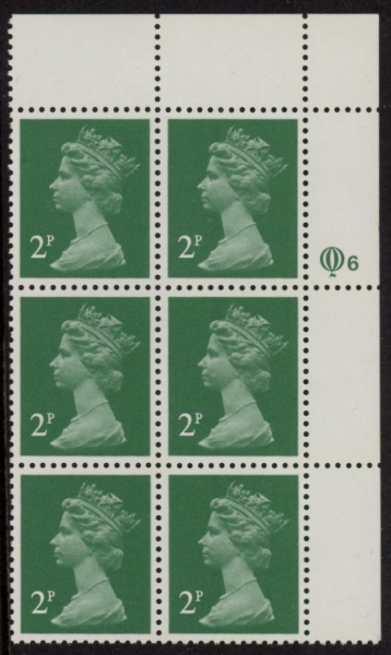 X1000 (UG4) Questa 2p TI Perf 14 emerald green. FCP Cyld. Q6 row 1 U/M (MNH) X1000 (UG4) Questa 2p TI Perf 14 emerald green. FCP Cyld. Q6 row 1 U/M (MNH)