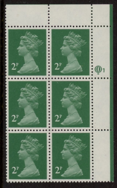 X1000 (UG4) Questa 2p TI Perf 14 emerald green. FCP Cyld. Q1 row 1 U/M (MNH) X1000 (UG4) Questa 2p TI Perf 14 emerald green. FCP Cyld. Q1 row 1 U/M (MNH)