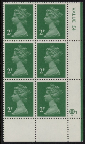 X1000 (UG4) Questa 2p TI Perf 14 emerald green. FCP Cyld. Q1 row 20 U/M (MNH) X1000 (UG4) Questa 2p TI Perf 14 emerald green. FCP Cyld. Q1 row 20 U/M (MNH)