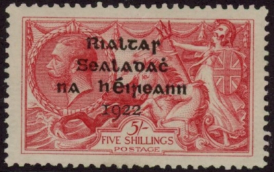1922 Ireland  SG.19  5/- rose  4 line overprint in black by Dollard. U/M (MNH) 1922 Ireland  SG.19  5/- rose  4 line overprint in black by Dollard. U/M (MNH)