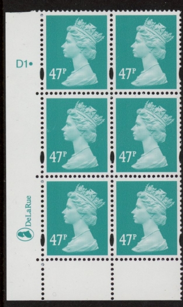 Y1723 (U417) 47p 2B turquoise green . DLR Cyld. D1 dot Phos D1 dot 'blue fluor'U/M (MNH) Y1723 (U417) 47p 2B turquoise green . DLR Cyld. D1 dot Phos D1 dot 'blue fluor'U/M (MNH)