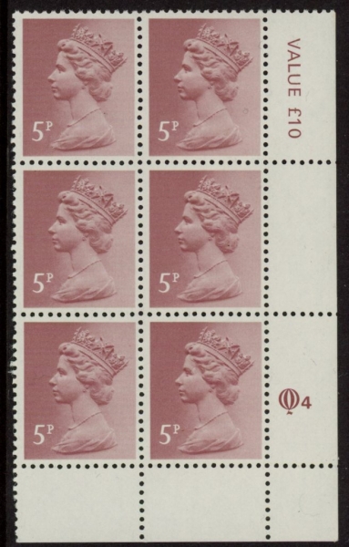 X1004 (UG17A) Questa 5p claret Perf 14 . FCP Cyld. Q4 row 20 U/M (MNH) X1004 (UG17A) Questa 5p claret Perf 14 . FCP Cyld. Q4 row 20 U/M (MNH)