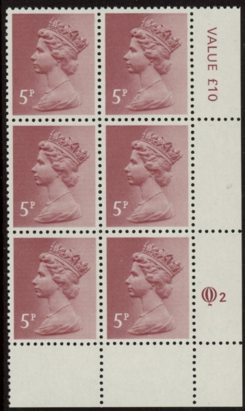 X1004 (UG17A) Questa 5p claret Perf 14 . FCP Cyld. Q2 row 20 U/M (MNH) X1004 (UG17A) Questa 5p claret Perf 14 . FCP Cyld. Q2 row 20 U/M (MNH)