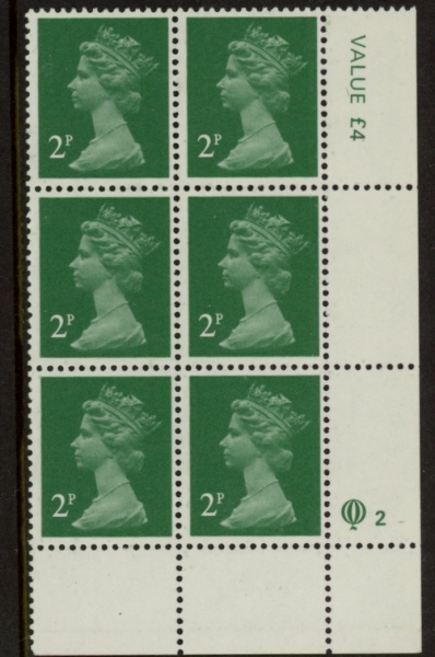 X1000 (UG4) Questa 2p TI Perf 14 emerald green. FCP Cyld. Q2 row 20 U/M (MNH) X1000 (UG4) Questa 2p TI Perf 14 emerald green. FCP Cyld. Q2 row 20 U/M (MNH)