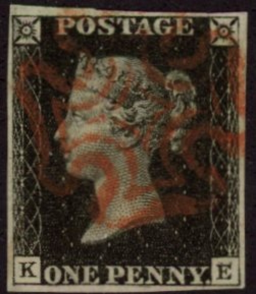SG.2 1d black 4 margins Plate 5 Letters 'KE' cancelled red MX variety AS26(b) double letter 'E' fine used. SG.2 1d black 4 margins Plate 5 Letters 'KE' cancelled red MX variety AS26(b) double letter 'E' fine used.