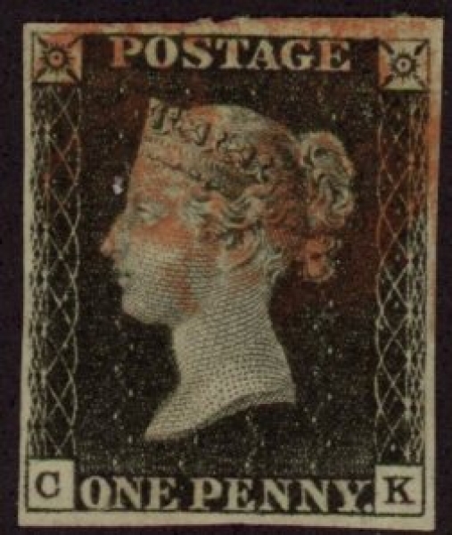 SG.2 1d black 4 margins Plate 7 Letters 'CK' cancelled red MX fine used. SG.2 1d black 4 margins Plate 7 Letters 'CK' cancelled red MX fine used.