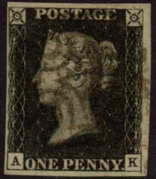 SG.2 1d black 4 margins Plate 8 Letters 'AK' cancelled black MX fine used. SG.2 1d black 4 margins Plate 8 Letters 'AK' cancelled black MX fine used.