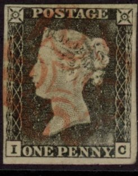 SG.2 1d grey-black 4 margins Plate 1a Letters 'IC' cancelled red MX fine used. SG.2 1d grey-black 4 margins Plate 1a Letters 'IC' cancelled red MX fine used.