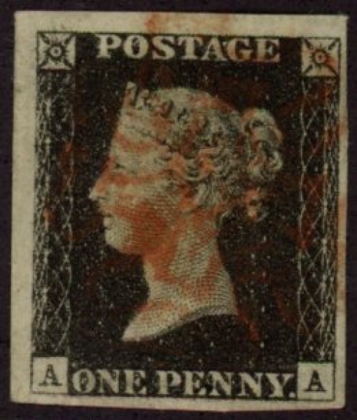 SG.2 1d grey-black 4 margins Plate 2 Letters 'AA' cancelled red MX fine used. SG.2 1d grey-black 4 margins Plate 2 Letters 'AA' cancelled red MX fine used.