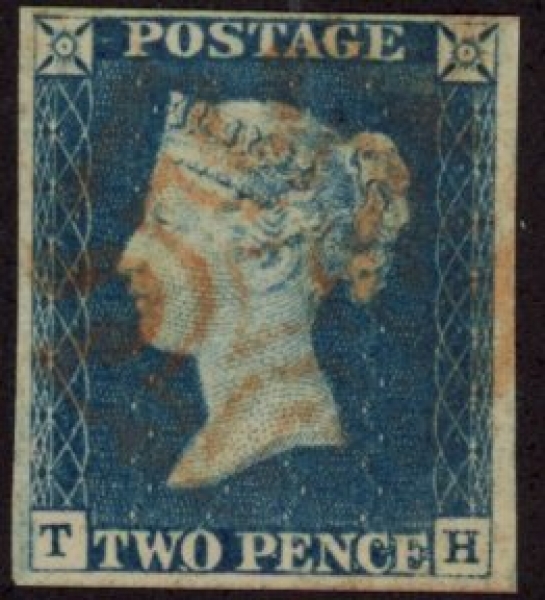 SG.5 2d blue 4 margins Letters 'TH' cancelled red MX fine used. SG.5 2d blue 4 margins Letters 'TH' cancelled red MX fine used.
