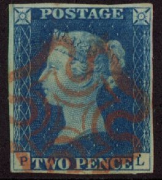 SG.5 2d blue 4 margins Letters 'PL' cancelled red MX fine used. SG.5 2d blue 4 margins Letters 'PL' cancelled red MX fine used.
