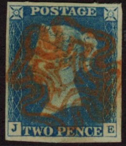 SG.5 2d blue 4 margins Letters 'JE' cancelled red MX fine used. SG.5 2d blue 4 margins Letters 'JE' cancelled red MX fine used.