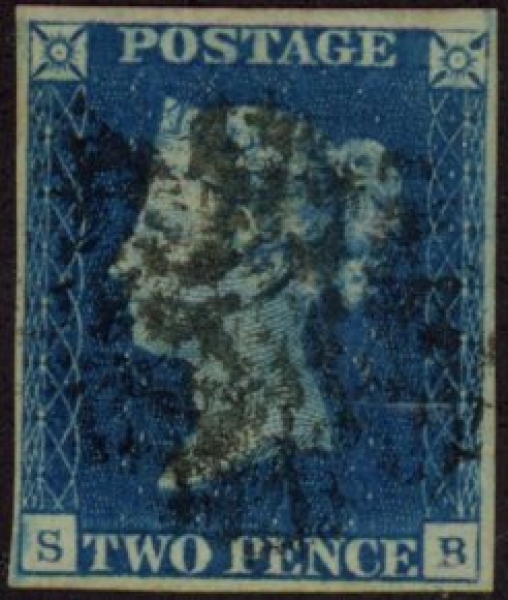 SG.5 2d blue 4 margins Letters 'SB' cancelled black MX fine used. SG.5 2d blue 4 margins Letters 'SB' cancelled black MX fine used.