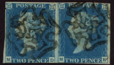 SG.5 2d blue plate 2 Pair 3 & 4 margins Letters 'MD ME' cancelled black MX fine used. SG.5 2d blue plate 2 Pair 3 & 4 margins Letters 'MD ME' cancelled black MX fine used.