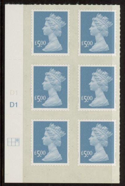 U2916 £5 azure 2B 'Mail' (no source code no date code) cyld. D1 grid position R1 C3 DLR U/M (MNH) U2916 £5 azure 2B 'Mail' (no source code no date code) cyld. D1 grid position R1 C3 DLR U/M (MNH)