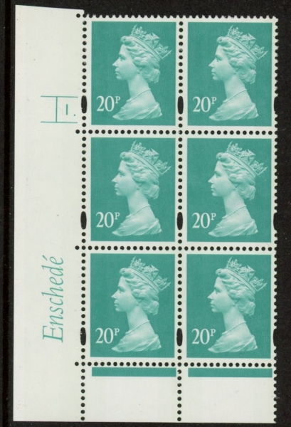 Y1684 (U271) 20p Turquoise green. 2B Enschedé Cyl. 1 dot Blue fluor perf RE 2mm varnished bands.U/M (MNH) Y1684 (U271) 20p Turquoise green. 2B Enschedé Cyl. 1 dot Blue fluor perf RE 2mm varnished bands.U/M (MNH)