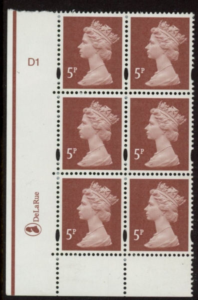 Y1670 (U140F) 5p dull red-brown 2B DLR Cyl. D1 no dot blue fluor PVA (bluish).U/M (MNH) Y1670 (U140F) 5p dull red-brown 2B DLR Cyl. D1 no dot blue fluor PVA (bluish).U/M (MNH)
