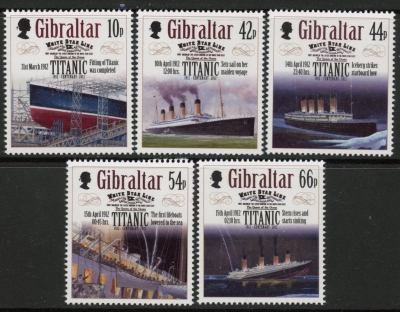 2012 Gibraltar SG.1439-43 Cent of Sinking of the Titanic set 5 values U/M (MNH) 2012 Gibraltar SG.1439-43 Cent of Sinking of the Titanic set 5 values U/M (MNH)