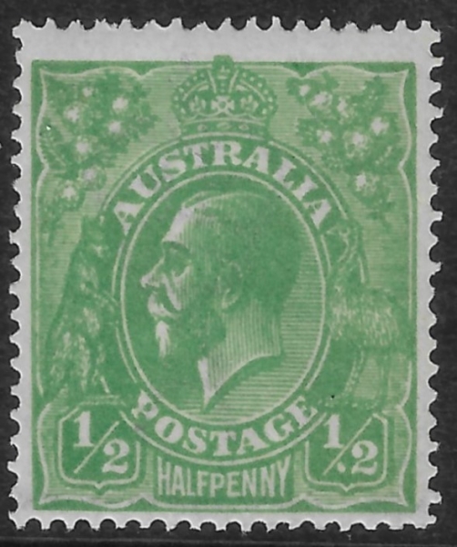 1914 Australia SG.20 (ASC63E 4v) ½d. deep green. white spot right of 2 U/M (MNH) 1914 Australia SG.20 (ASC63E 4v) ½d. deep green. white spot right of 2 U/M (MNH)