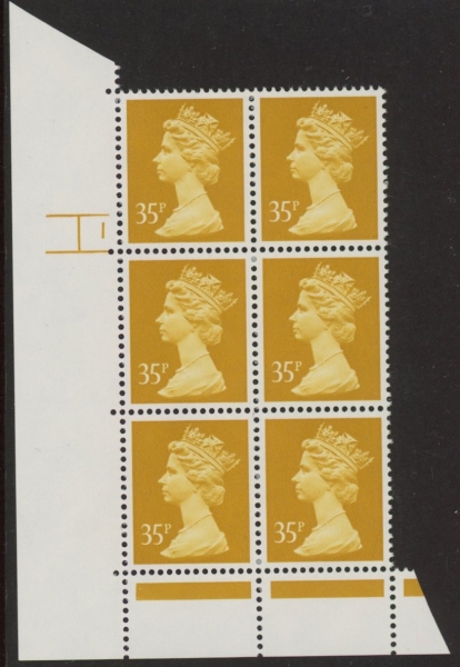 U346 (x989) Harrison 35p yellow phos.(ACP) perf RE Cyld. 1 no dot U/M (MNH) U346 (x989) Harrison 35p yellow phos.(ACP) perf RE Cyld. 1 no dot U/M (MNH)