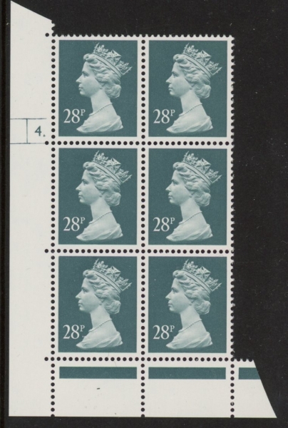 U310 (x977) Harrison 28p deep bluish-grey phos.(ACP) perf RE Cyld. 4 dot U/M (MNH) U310 (x977) Harrison 28p deep bluish-grey phos.(ACP) perf RE Cyld. 4 dot U/M (MNH)