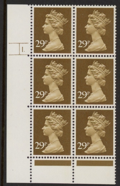 U312c (x978) Harrison 29p ochre brown phos.(ACP) perf RE Cyld. 1 dot 'variety nick in 9' U/M (MNH) U312c (x978) Harrison 29p ochre brown phos.(ACP) perf RE Cyld. 1 dot 'variety nick in 9' U/M (MNH)