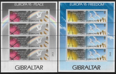 1995 Gibraltar SG.740-3 EUROPA. 'Peace & Freedom' sheetlets (2) U/M (MNH) 1995 Gibraltar SG.740-3 EUROPA. 'Peace & Freedom' sheetlets (2) U/M (MNH)