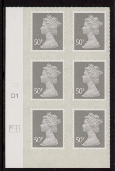 U2911 50p Grey 2B 'MAIL' cyld. D1 D1 grid position R1 C1 DLR U/M (MNH) U2911 50p Grey 2B 'MAIL' cyld. D1 D1 grid position R1 C1 DLR U/M (MNH)