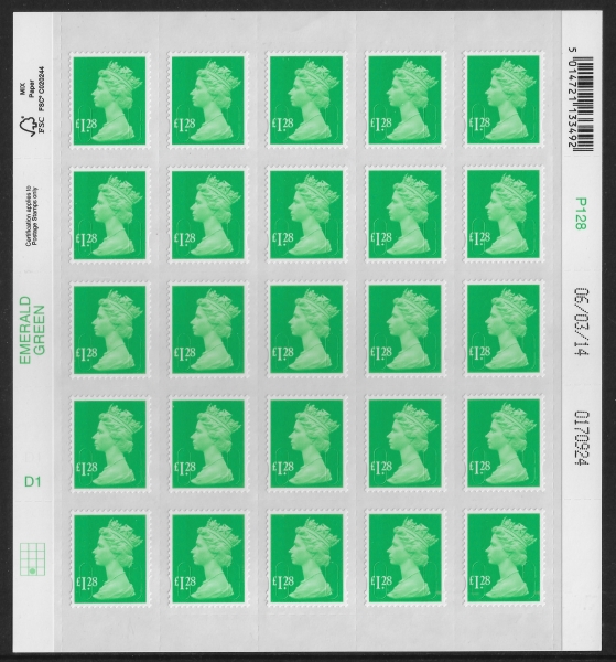 U2939 £1.28 emerald 2B  M14L  DLR complete sheet of 25 U/M (MNH) U2939 £1.28 emerald 2B  M14L  DLR complete sheet of 25 U/M (MNH)