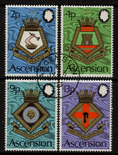 1973 Ascension. SG.166-9 Royal Naval Crests (5th series) set 4 values Vfu. 1973 Ascension. SG.166-9 Royal Naval Crests (5th series) set 4 values Vfu.
