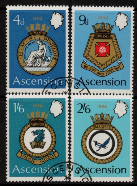 1970 Ascension. SG.130-3 Royal Naval Crests (2nd series) set of 4 values Vfu. 1970 Ascension. SG.130-3 Royal Naval Crests (2nd series) set of 4 values Vfu.