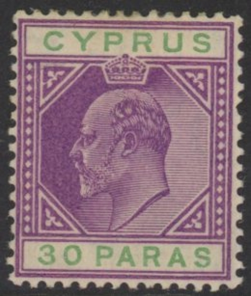 1904 Cyprus SG.63b 30pa purple & green 'broken top left triangle'. M/M 1904 Cyprus SG.63b 30pa purple & green 'broken top left triangle'. M/M