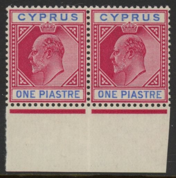 1903 Cyprus SG.52 1pi carmine & blue marginal pair. U/M (MNH) 1903 Cyprus SG.52 1pi carmine & blue marginal pair. U/M (MNH)