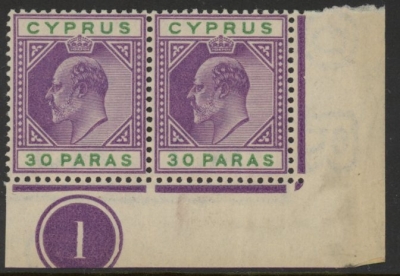 1903 Cyprus SG.51a 30pa mauve & green. corner marginal pair. U/M (MNH) 1903 Cyprus SG.51a 30pa mauve & green. corner marginal pair. U/M (MNH)