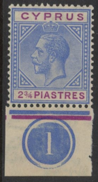 1922 Cyprus SG.94 2¾pi blue & purple (multi script Wmk) . U/M (MNH) 1922 Cyprus SG.94 2¾pi blue & purple (multi script Wmk) . U/M (MNH)