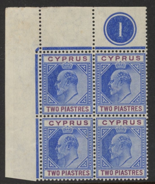 1904 Cyprus SG.65 2pi blue & purple. top corner plate block of 4 . U/M (MNH) 1904 Cyprus SG.65 2pi blue & purple. top corner plate block of 4 . U/M (MNH)