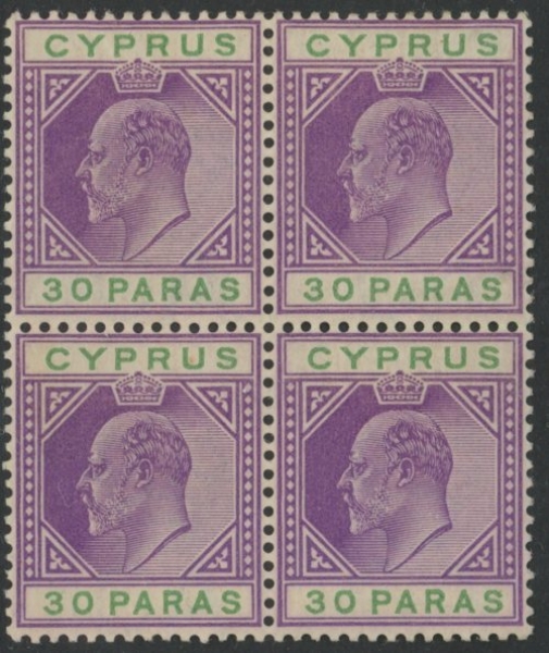 1903 Cyprus KEVII SG.51 30pa violet & green 'Crown CA' block of 4 plate 1 U/M (MNH) 1903 Cyprus KEVII SG.51 30pa violet & green 'Crown CA' block of 4 plate 1 U/M (MNH)