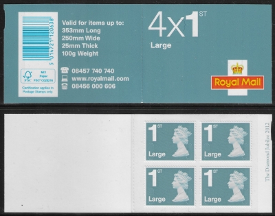 RB3  4 x 1st Large 'Diamond Jubilee' Issued 2012 containing U3277 code JUBILFE Walsall. RB3  4 x 1st Large 'Diamond Jubilee' Issued 2012 containing U3277 code JUBILFE Walsall.