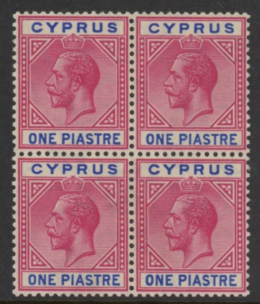 1915 Cyprus KGV SG.77b 1pi. carmine & blue. block of 4 U/M (MNH) 1915 Cyprus KGV SG.77b 1pi. carmine & blue. block of 4 U/M (MNH)