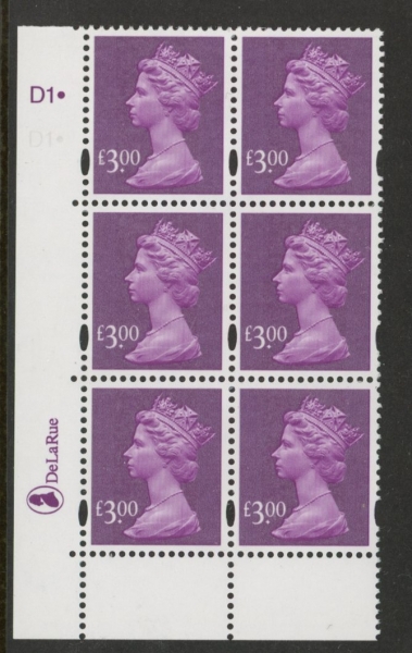 Y1748 (U492) DLR £3.00 2B deep mauve Cyld. D1 dot blue fluor U/M (MNH) Y1748 (U492) DLR £3.00 2B deep mauve Cyld. D1 dot blue fluor U/M (MNH)